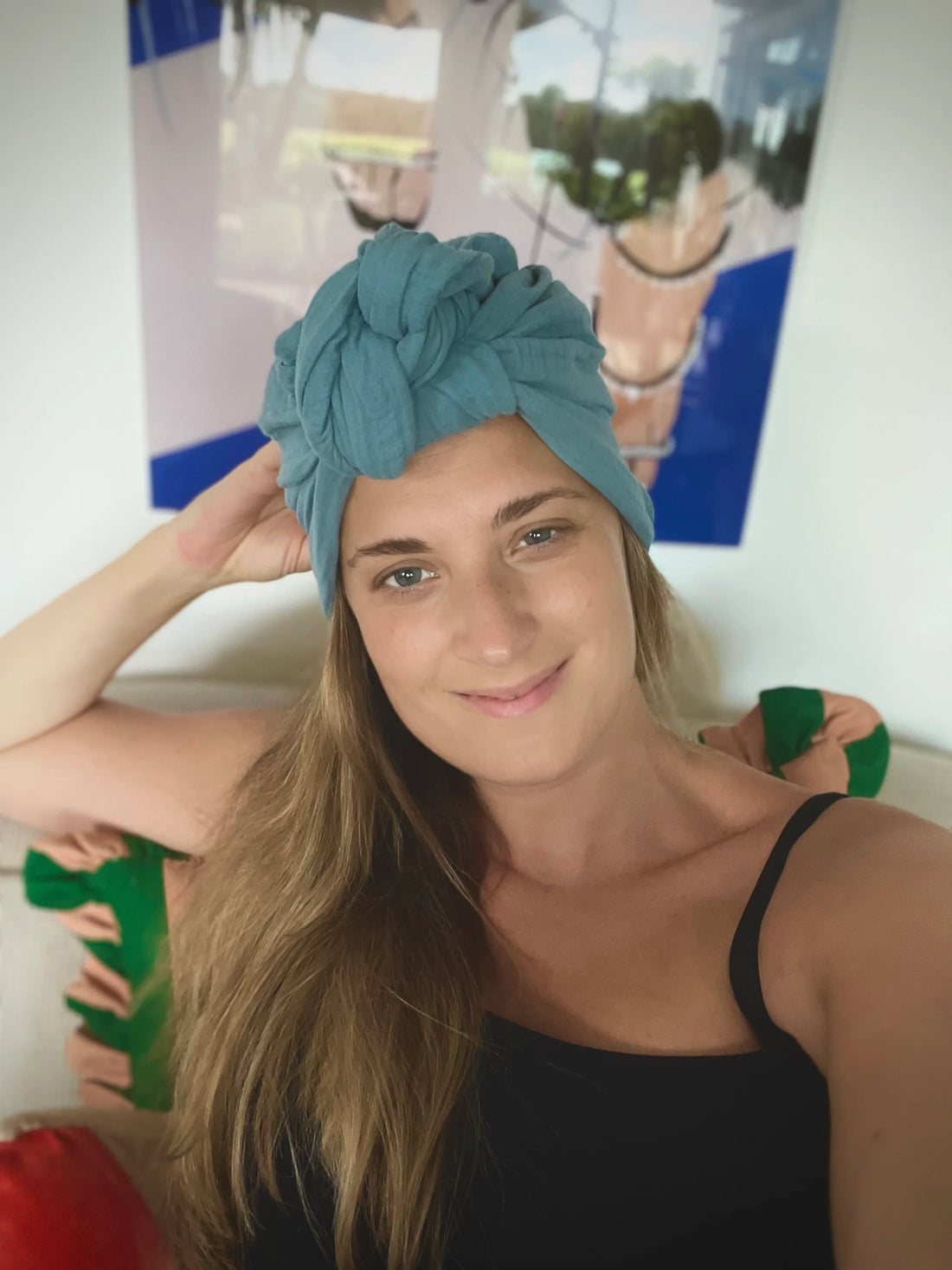 Turban Mütze LOLA, Musselin Acquablau